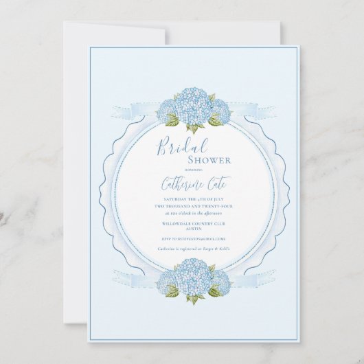 Blue Floral Hydrangea Elegant Bridal Shower  招待状 (正面)