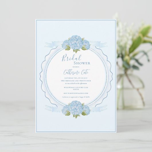 Blue Floral Hydrangea Elegant Bridal Shower  招待状 (スタンド正面)