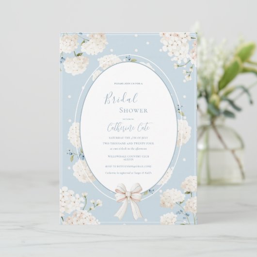 Blue Floral Hydrangea Elegant Bridal Shower 招待状 (スタンド正面)