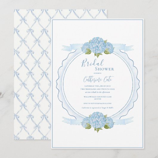 Blue Floral Hydrangea Elegant Bridal Shower  招待状 (正面/裏面)