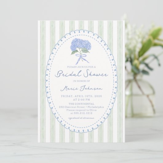 Blue Floral Hydrangea Stripes Bridal Shower 招待状 (スタンド正面)