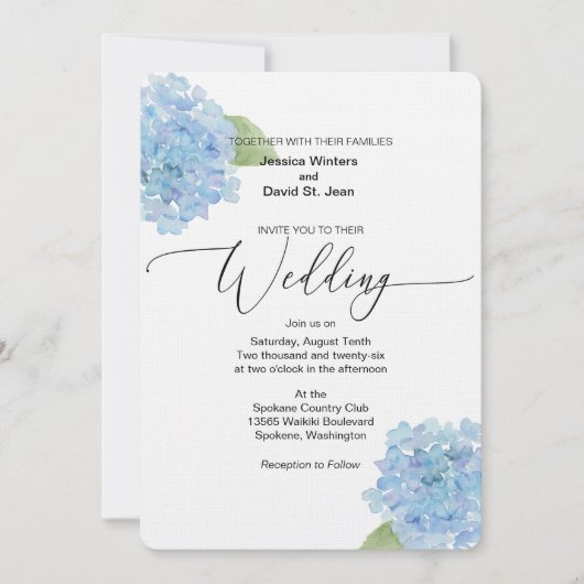 Blue Floral Hydrangea Wedding Invitation design 招待状 (正面)