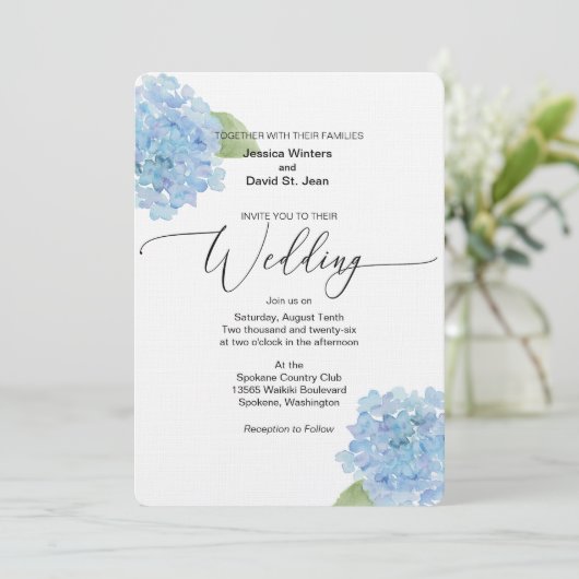 Blue Floral Hydrangea Wedding Invitation design 招待状 (スタンド正面)