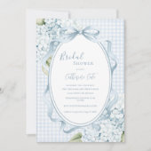Blue Floral Hydrangeas Gingham Whimsical Bridal 招待状 (正面)