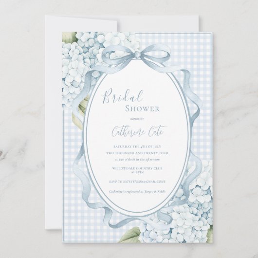 Blue Floral Hydrangeas Gingham Whimsical Bridal 招待状 (正面)