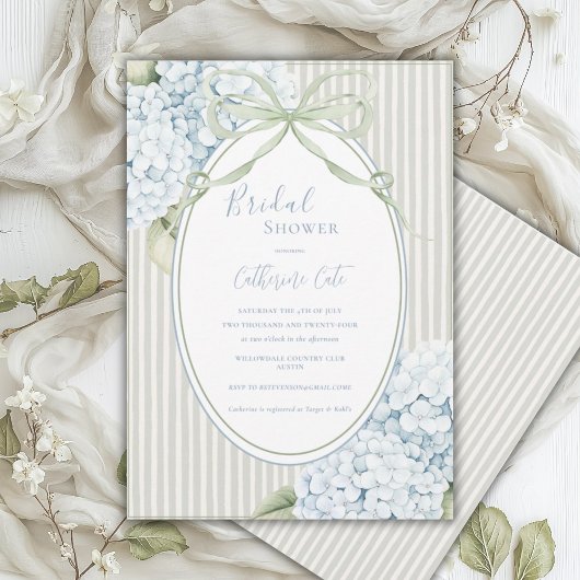 Blue Floral Hydrangeas Sage Green Whimsical Bridal 招待状
