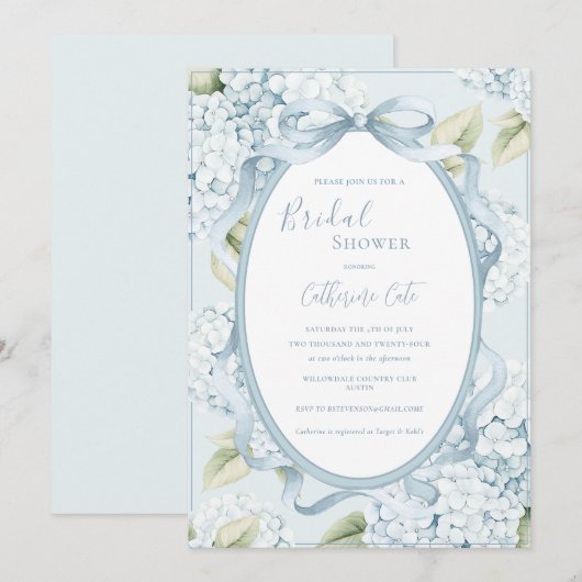 Blue Floral Hydrangeas Whimsical Bridal 招待状 (正面/裏面)