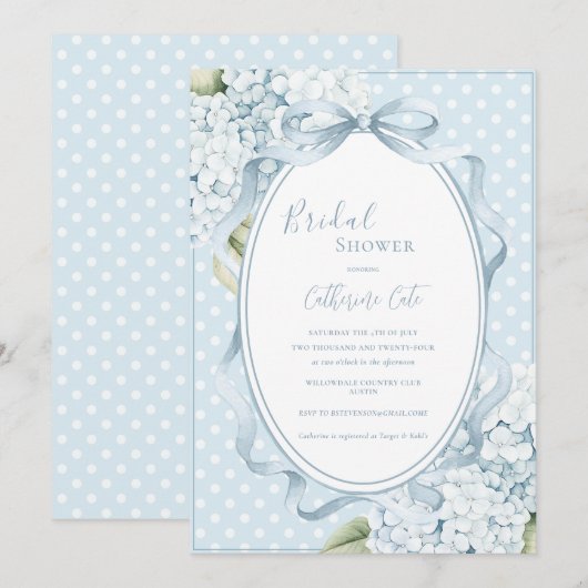 Blue Floral Hydrangeas Whimsical Bridal Shower  招待状 (正面/裏面)
