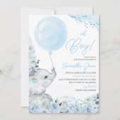 Blue Floral It's a Boy Elephant Baby Shower 招待状 (正面)