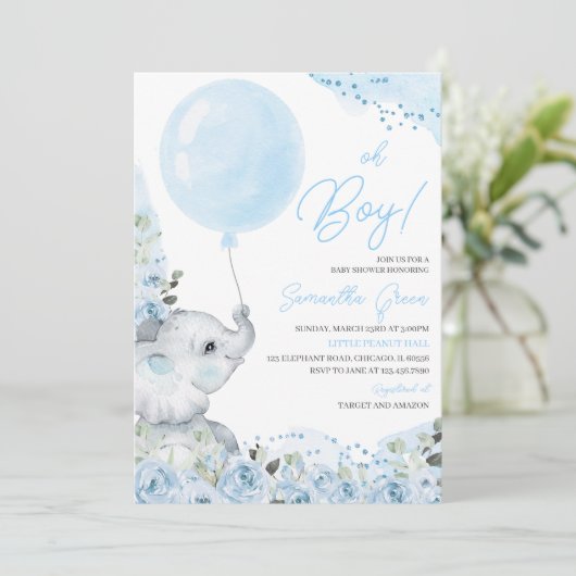 Blue Floral It's a Boy Elephant Baby Shower 招待状 (スタンド正面)
