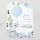 Blue Floral It's a Boy Elephant Baby Shower 招待状 (正面/裏面)