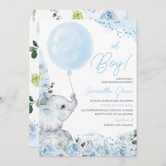 Blue Floral It's a Boy Elephant Baby Shower 招待状 (正面/裏面)