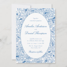 Blue Floral Line Art Wedding Invitation