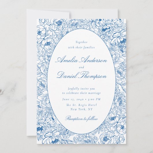 Blue Floral Line Art Wedding Invitation 招待状 (正面)