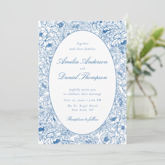 Blue Floral Line Art Wedding Invitation 招待状 (スタンド正面)