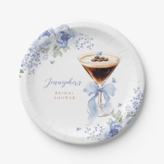 Blue Floral Martini Bridal Shower Paper Plates ペーパープレート