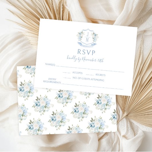 Blue Floral Modern Monogram Wedding RSVP Cards