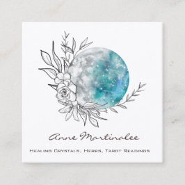 Blue Floral Moon Square Business Card スクエア名刺