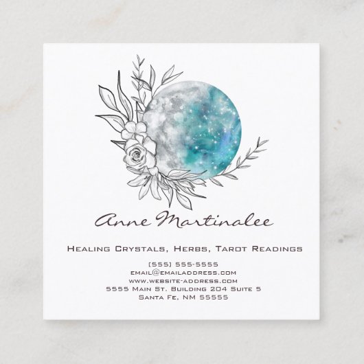 Blue Floral Moon Square Business Card スクエア名刺 (裏面)