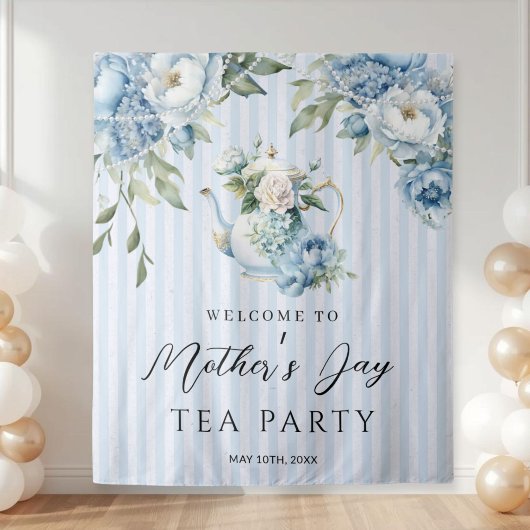 Blue Floral Mother's Day Tea Party Backdrop タペストリー
