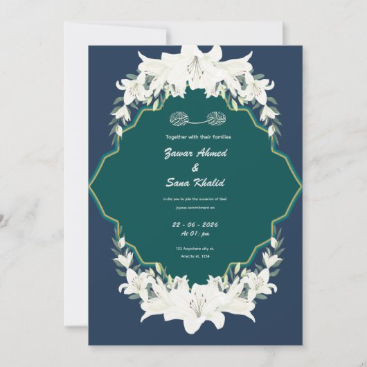Blue floral Muslim wedding invitation Editable 招待状 (正面)