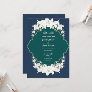 Blue floral Muslim wedding invitation Editable 招待状