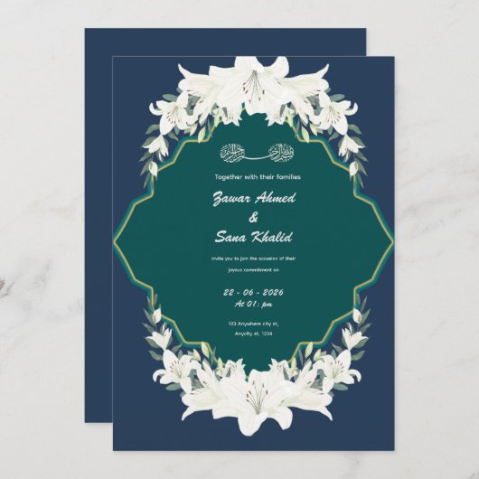 Blue floral Muslim wedding invitation Editable 招待状 (正面/裏面)