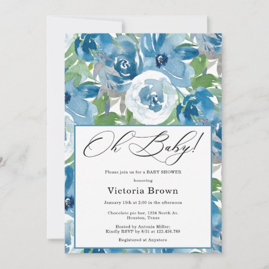 Blue Floral Oh Baby Shower Invitation 招待状 (正面)