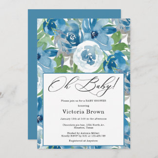 Blue Floral Oh Baby Shower Invitation 招待状