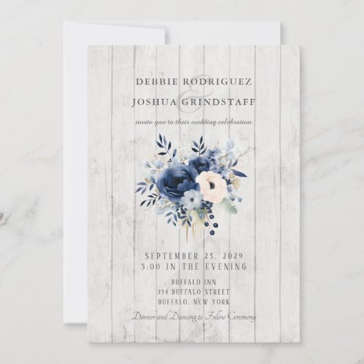 Blue Floral on Wood Wedding Invitation  招待状 (正面)