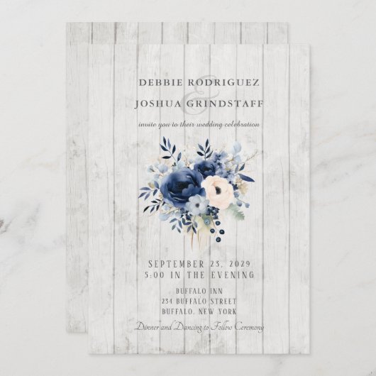 Blue Floral on Wood Wedding Invitation  招待状 (正面/裏面)