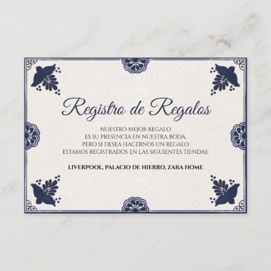 Blue Floral Otomi Simple Fiesta Spanish Wedding エンクロージャーカード (正面)