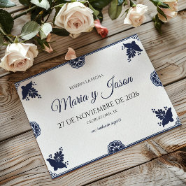 Blue Floral Otomi Simple Fiesta Spanish Wedding セーブザデート