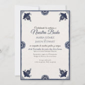 Blue Floral Otomi Simple Fiesta Spanish Wedding 招待状 (正面)