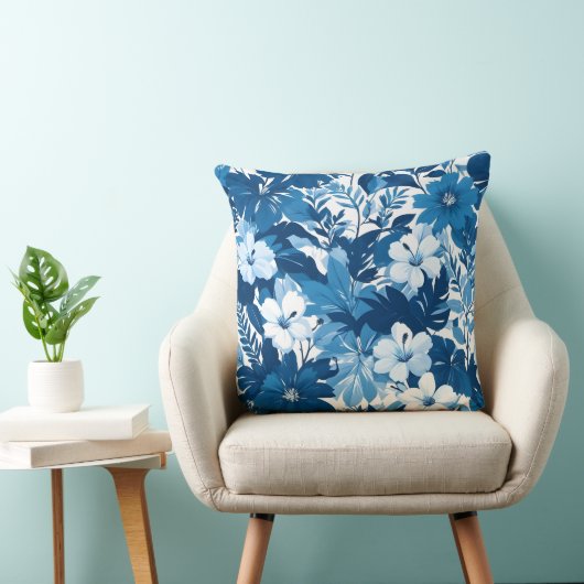 Blue Floral Pattern Decorative Throw Pillow クッション (椅子)