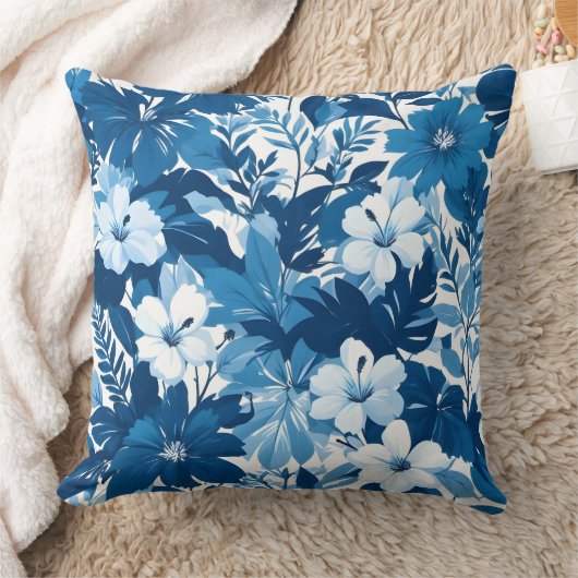 Blue Floral Pattern Decorative Throw Pillow クッション (ブランケット)