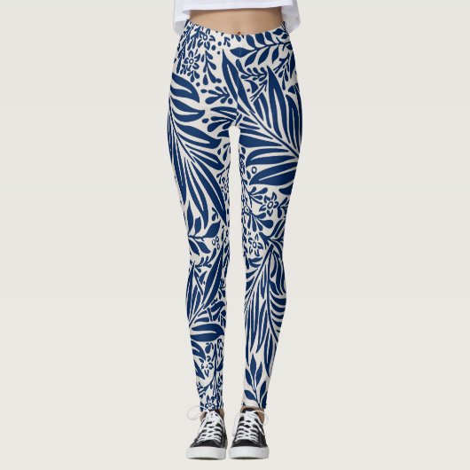 blue floral pattern with diverse leaves & blossoms レギンス (正面)