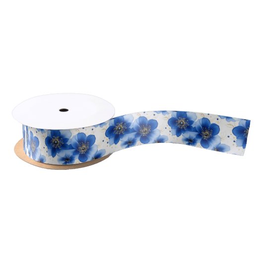 Blue Floral Pattern with Gold Accents サテンリボン (リール)