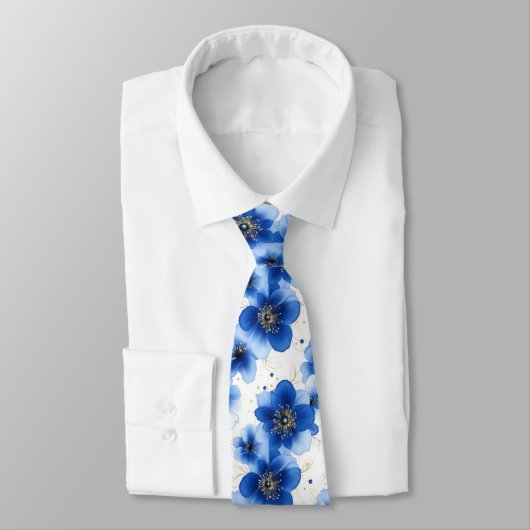 Blue Floral Pattern with Gold Accents ネクタイ (タイ)