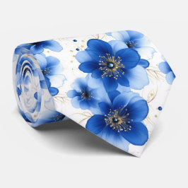 Blue Floral Pattern with Gold Accents ネクタイ