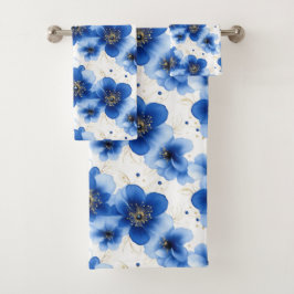 Blue Floral Pattern with Gold Accents バスタオルセット