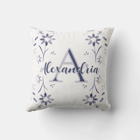 Blue Floral Personalized Monogram Name クッション (裏面)