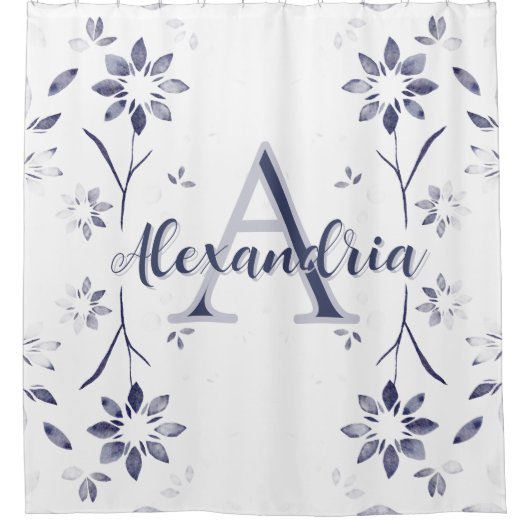 Blue Floral Personalized Monogram Name シャワーカーテン (正面)