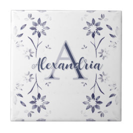 Blue Floral Personalized Monogram Name タイル
