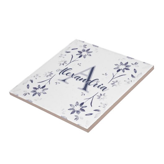 Blue Floral Personalized Monogram Name タイル (側面)