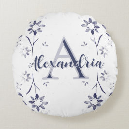 Blue Floral Personalized Monogram Name ラウンドクッション