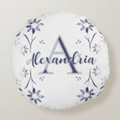 Blue Floral Personalized Monogram Name ラウンドクッション (裏面)
