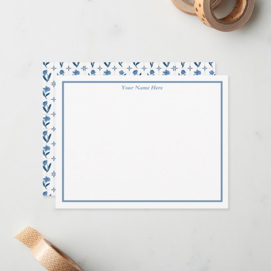 Blue Floral Personalized Note Cards ノートカード (正面/裏面インサイチュ)