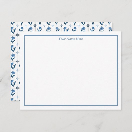 Blue Floral Personalized Note Cards ノートカード (正面/裏面)