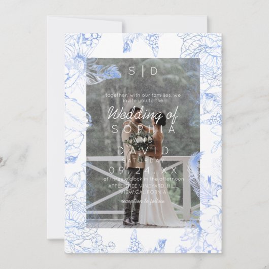 Blue Floral Photo Modern Wedding  招待状 (正面)